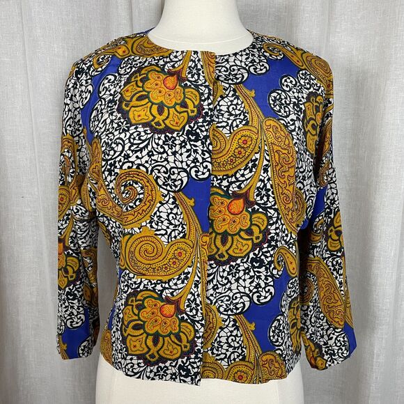 Vintage Blouse Size 6 Gold Purple Paisley Art Print Secretary Button Boho 90s - Picture 1 of 13